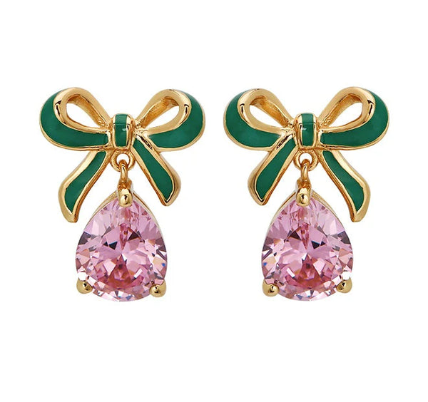 Amelia Bow Emerald, Blush Pink & Gold Earrings
