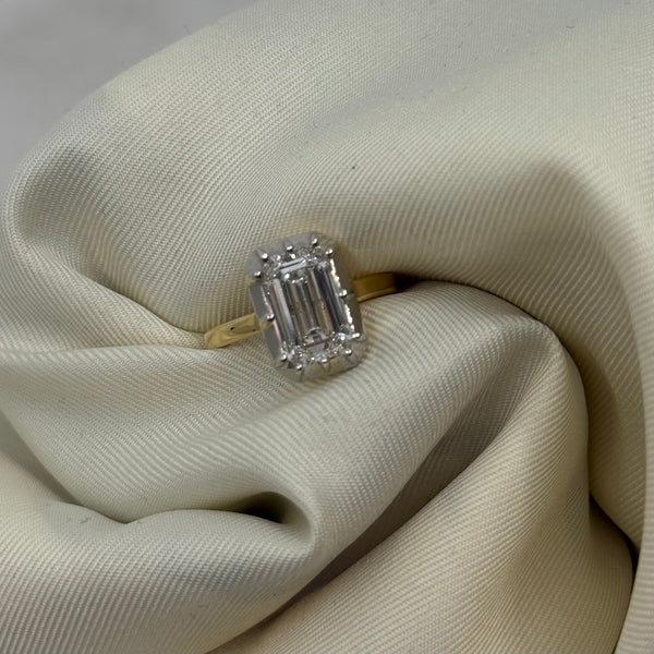 18ct Yellow & White Gold 3.01ct LAB Emerald Cut Diamond Ring - Georgian Style
