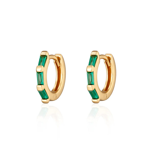 Scream Pretty Gold Baguette Huggie Earrings with Green Stones