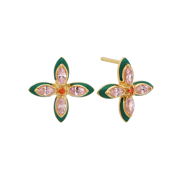 Lucky Clover Emerald Green, Blush Pink & Gold Stud Earrings