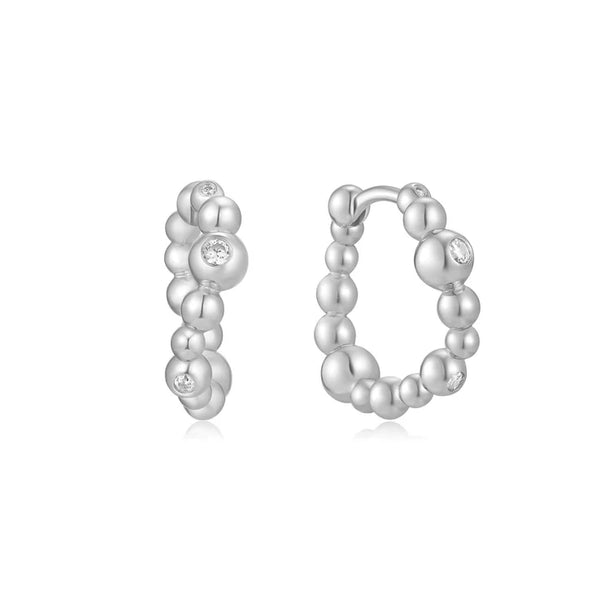 Ania Haie Silver Bezel Beaded Curved Hoop Huggies