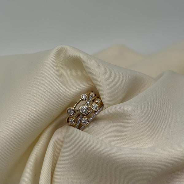 9ct Yellow Gold And Diamond Multi Row Bubble Ring
