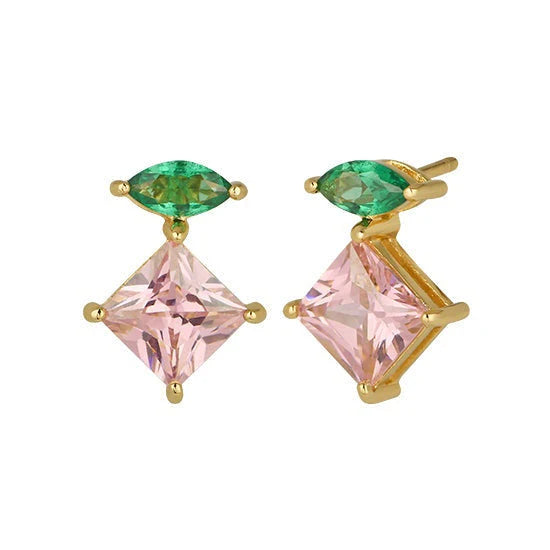 Esme Emerald Green, Pink & Gold Stud Earrings