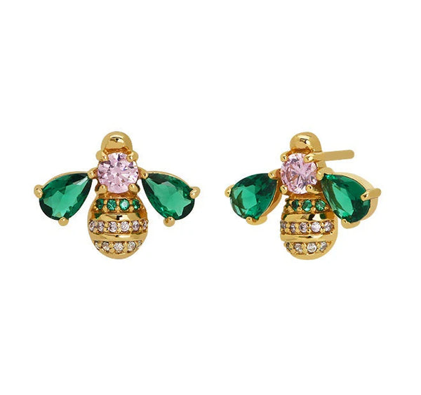 Beatrice Jewelled Bee Emerald, Blush Pink & Gold Stud Earrings