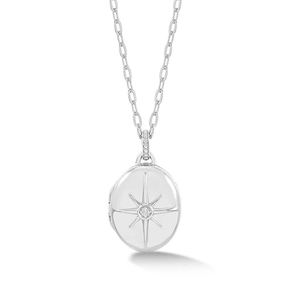 Dower & Hall Silver Diamond Starburst Oval Locket Necklace