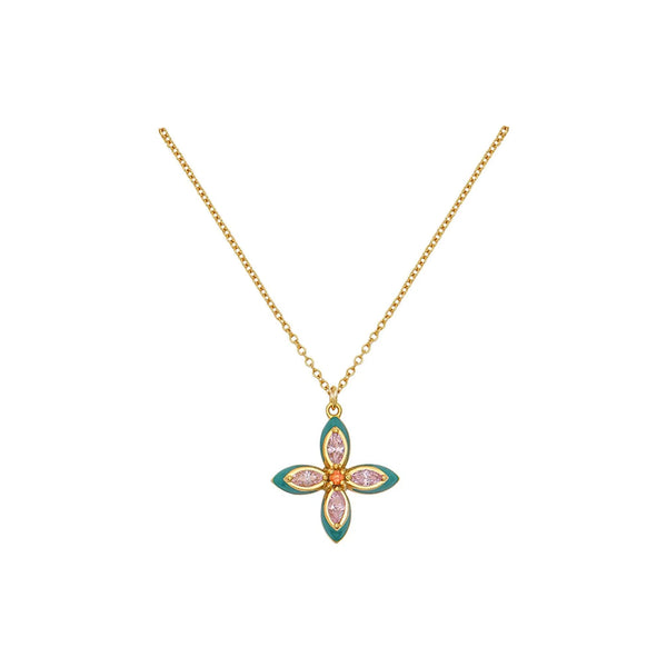 Lucky Clover Emerald Enamel, Blush Pink & Gold Pendant Necklace