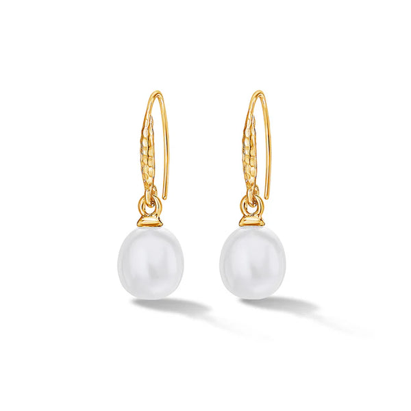 Dower & Hall Gold 8mm Oval White Luna Pearl Drop Earrings