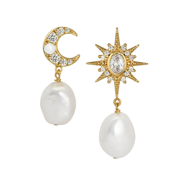 Luna Moon & Star Baroque Pearl Gold Stud Earrings
