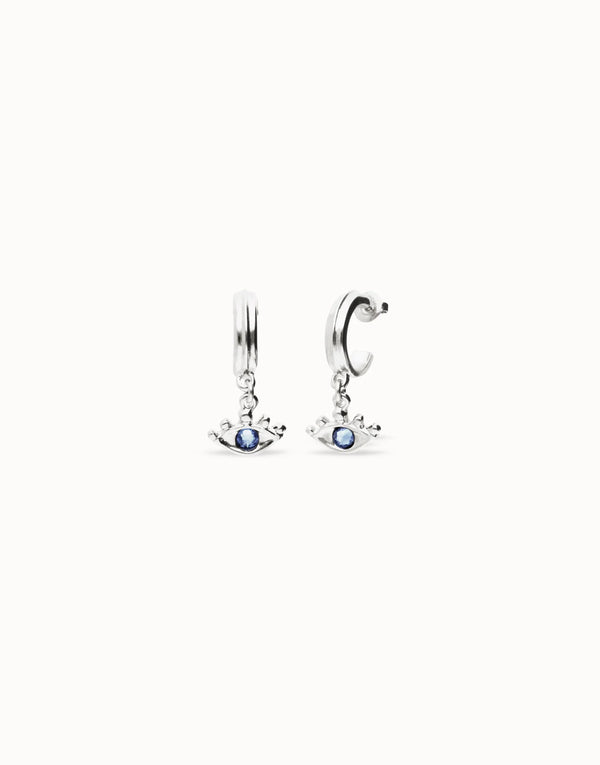 UNO de 50 Silver Eye-shaped with Blue Crystal Drop Hoop Earrings
