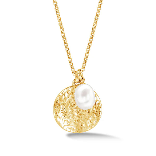 Dower & Hall Gold Hammered Disc and White Freshwater Pearl Nomad Pendant Necklace