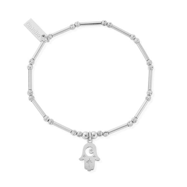 ChloBo Silver Dainty Moon Cut Sparkle Hamsa Bracelet