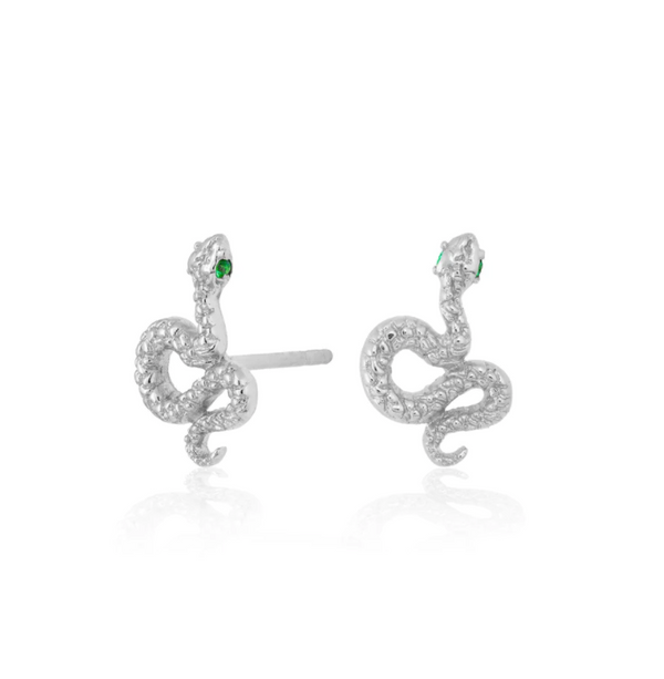 Scream Pretty Silver Snake Stud Earrings with Green Eyes