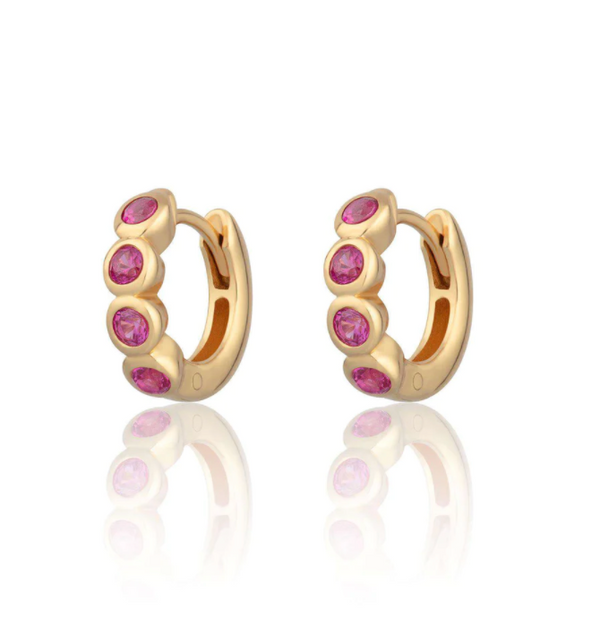 Scream Pretty Gold Bezel Huggie Earrings with Ruby Pink Stones