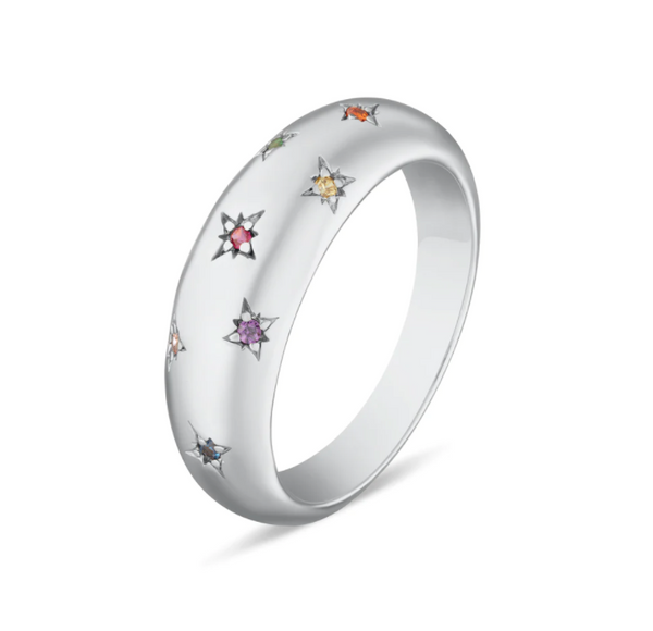 Scream Pretty Silver Celestial Dome Ring with Rainbow Stones