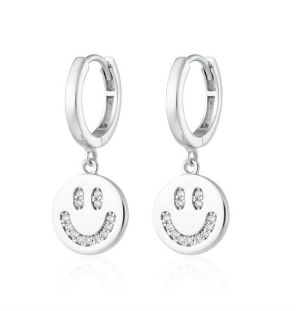 Scream Pretty Silver Smiley Face Charm Hoop Earrings