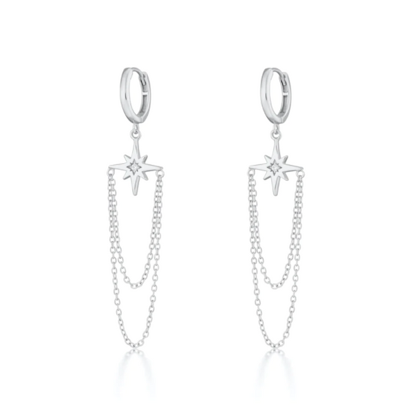 Scream Pretty Silver Starburst Chain Drop Hoop Earrings