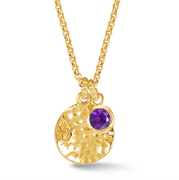 Dower & Hall Gold Hammered Disc 5mm Amethyst Array Pendant
