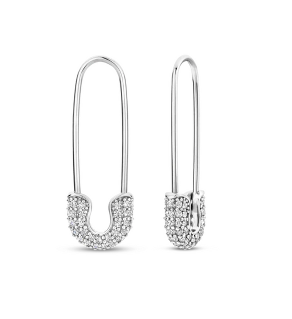 Ti Sento Silver Pave Safety Pin Earrings