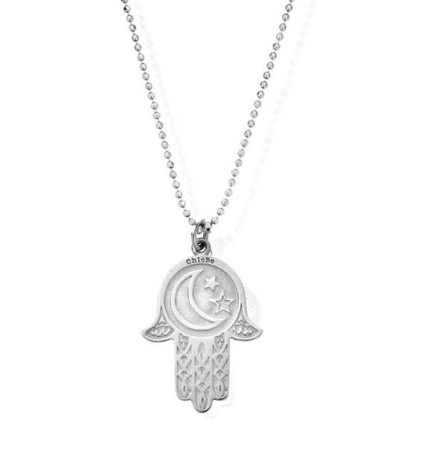 ChloBo Silver Diamond Cut Chain With Moon & Star Hamsa Hand Pendant