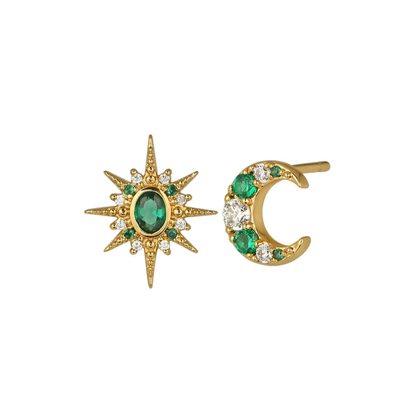 Luna Moon & Star Emerald Green & Gold Stud Earrings